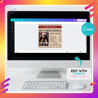 Editable Christmas booking flyer template in Canva, newspaper-style holiday promo design for lash techs, hairstylists, and MUAs.
Vintage newspaper theme flyer for December bookings, Canva editable template for salon and beauty business promotions.
Christmas salon flyer template with newspaper style layout, customizable Canva design for hairstylists and lash artists.
Editable holiday booking flyer for beauty professionals, Canva template for seasonal promos and client appointments.