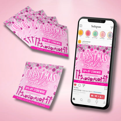 Pink Christmas flyer template in Canva, glam holiday sale design with candy canes and ornaments for beauty businesses and salons.
Editable holiday sale flyer for lash techs, hairstylists, and MUAs, pink Christmas Canva design with storewide discount promo.
Christmas sale flyer template in pink, Canva design for salons and beauty businesses running seasonal promotions.
Festive pink Christmas flyer with ornaments and gift boxes, editable Canva holiday template for beauty industry promotions