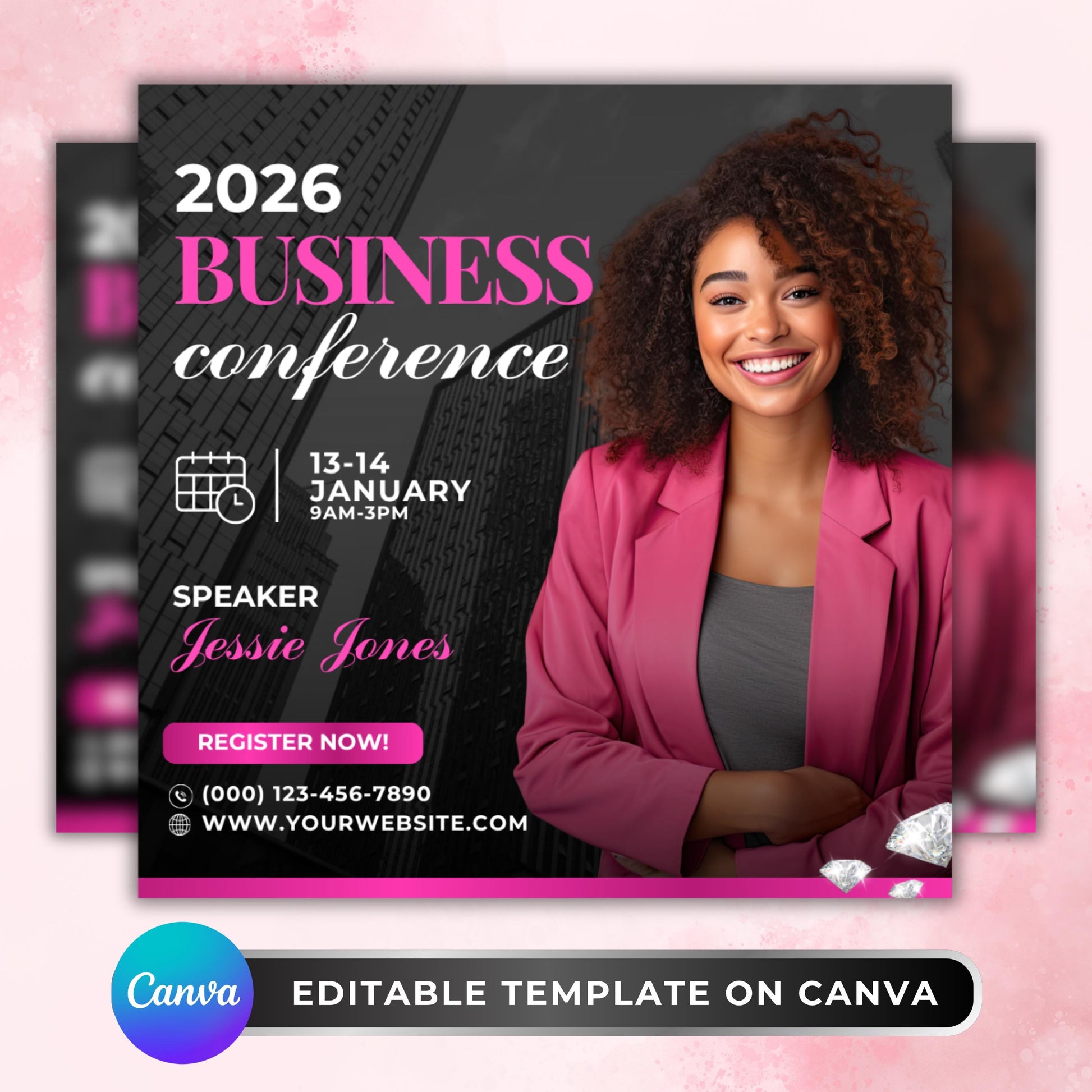 Editable business conference flyer template for salon owners and beauty professionals, pink Canva design for networking and learning events.