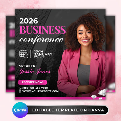 Editable business conference flyer template for salon owners and beauty professionals, pink Canva design for networking and learning events.