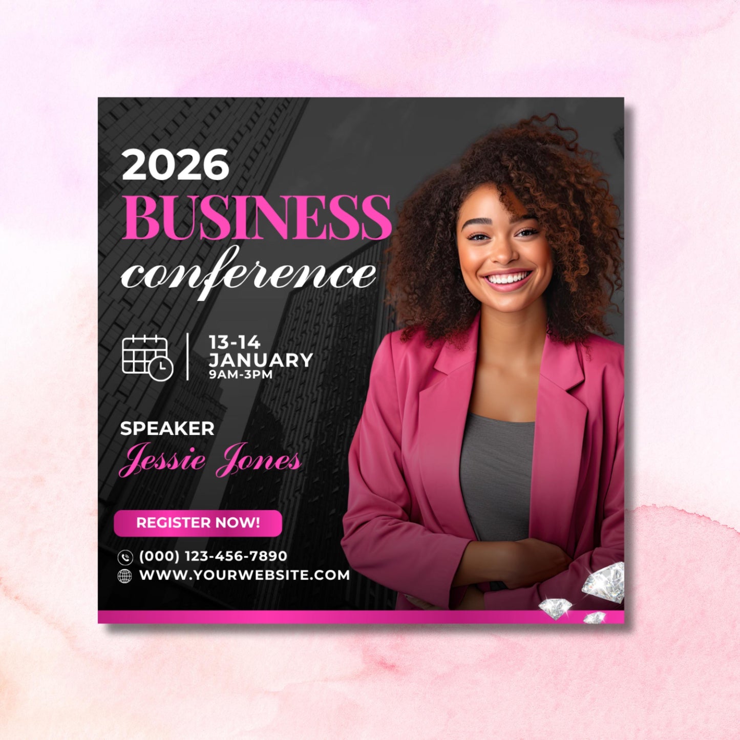 editable beauty business networking event flyer, modern pink canva template for professional salon branding.