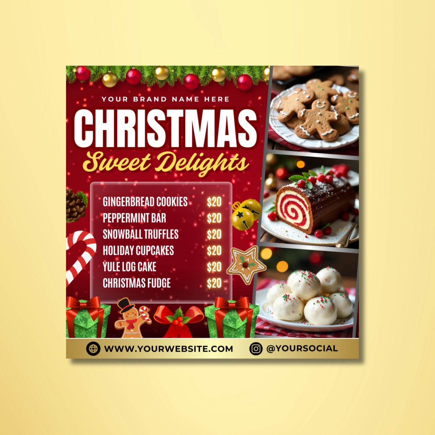 christmas bakery menu flyer template in canva, red festive design with holiday cookies, cupcakes, and desserts.
editable holiday sweet treats flyer for bakeries, canva template with christmas dessert price list.
christmas menu flyer featuring gingerbread cookies, cupcakes, fudge, yule log cake, and truffles.
festive bakery flyer template in canva, red holiday design with sweets and desserts for christmas promos.
holiday dessert menu flyer editable in canva, perfect for bakeries, café shops