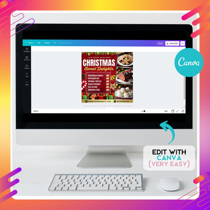 Christmas bakery menu flyer template in Canva, red festive design with holiday cookies, cupcakes, and desserts.
Editable holiday sweet treats flyer for bakeries, Canva template with Christmas dessert price list.
Christmas menu flyer featuring gingerbread cookies, cupcakes, fudge, yule log cake, and truffles.
Festive bakery flyer template in Canva, red holiday design with sweets and desserts for Christmas promos.
Holiday dessert menu flyer editable in Canva, perfect for bakeries, café shops