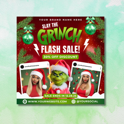 Editable Christmas beauty flyer bundle, Slay the Grinch holiday Canva templates for salon owners and lash techs.