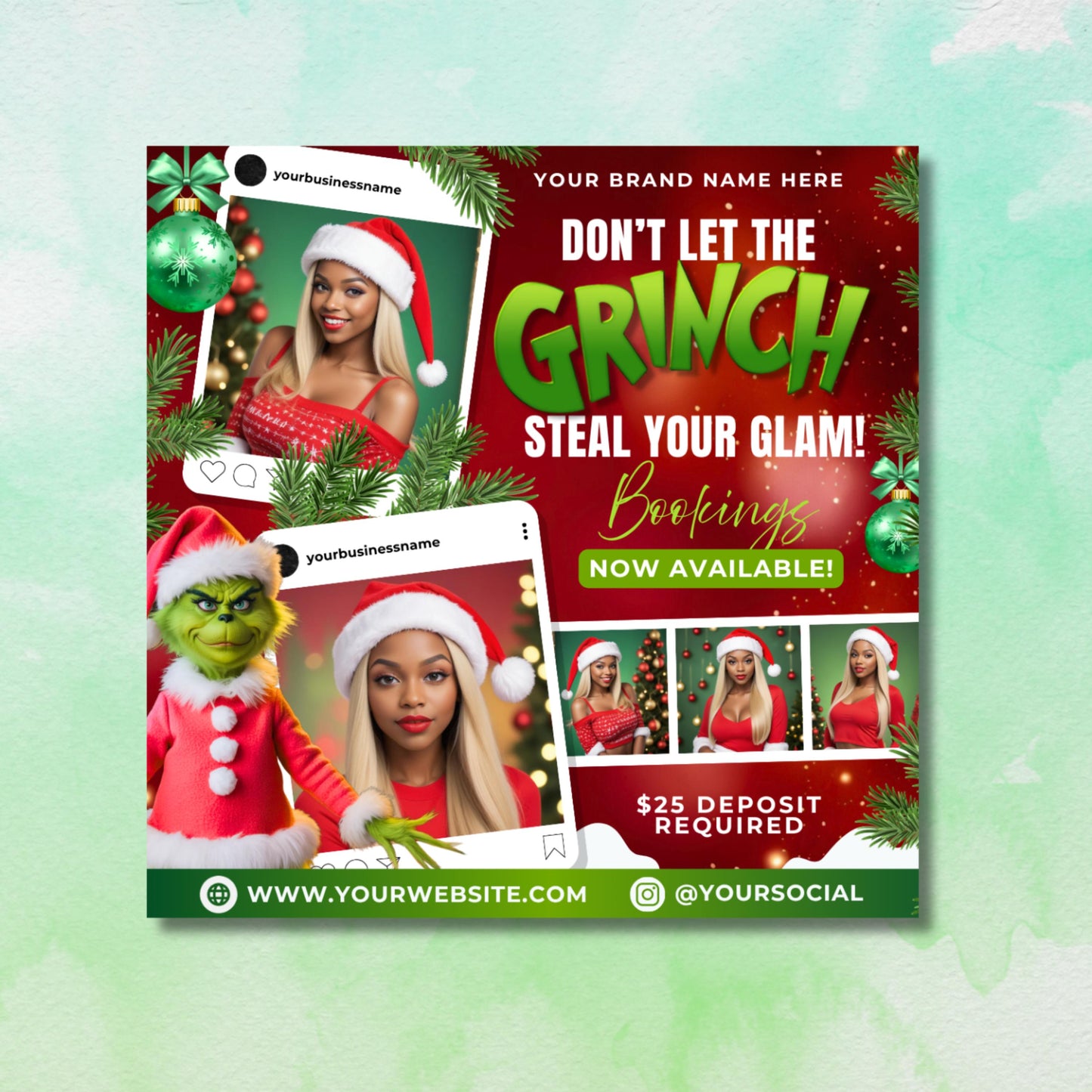 grinch-themed christmas flyer promoting salon sales, raffles, and holiday bookings.