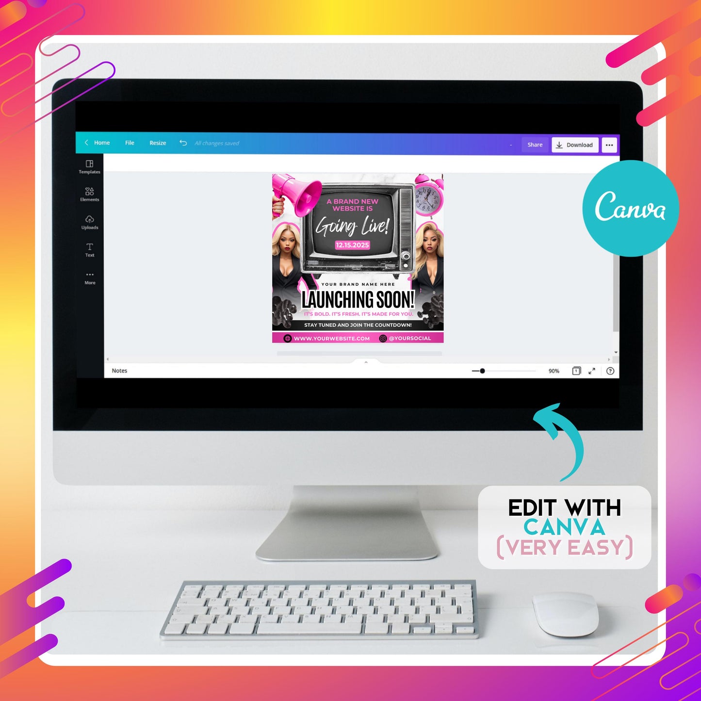 editable new website launch flyer template in canva with bold retro tv theme and modern design.
coming soon canva flyer for announcing website launches with customizable text and business branding.
website announcement flyer template in black, pink, and white with launch date and countdown details.
editable canva flyer design for small business website launch or rebrand announcement.
modern coming soon flyer template for promoting new websites, customizable in canva.