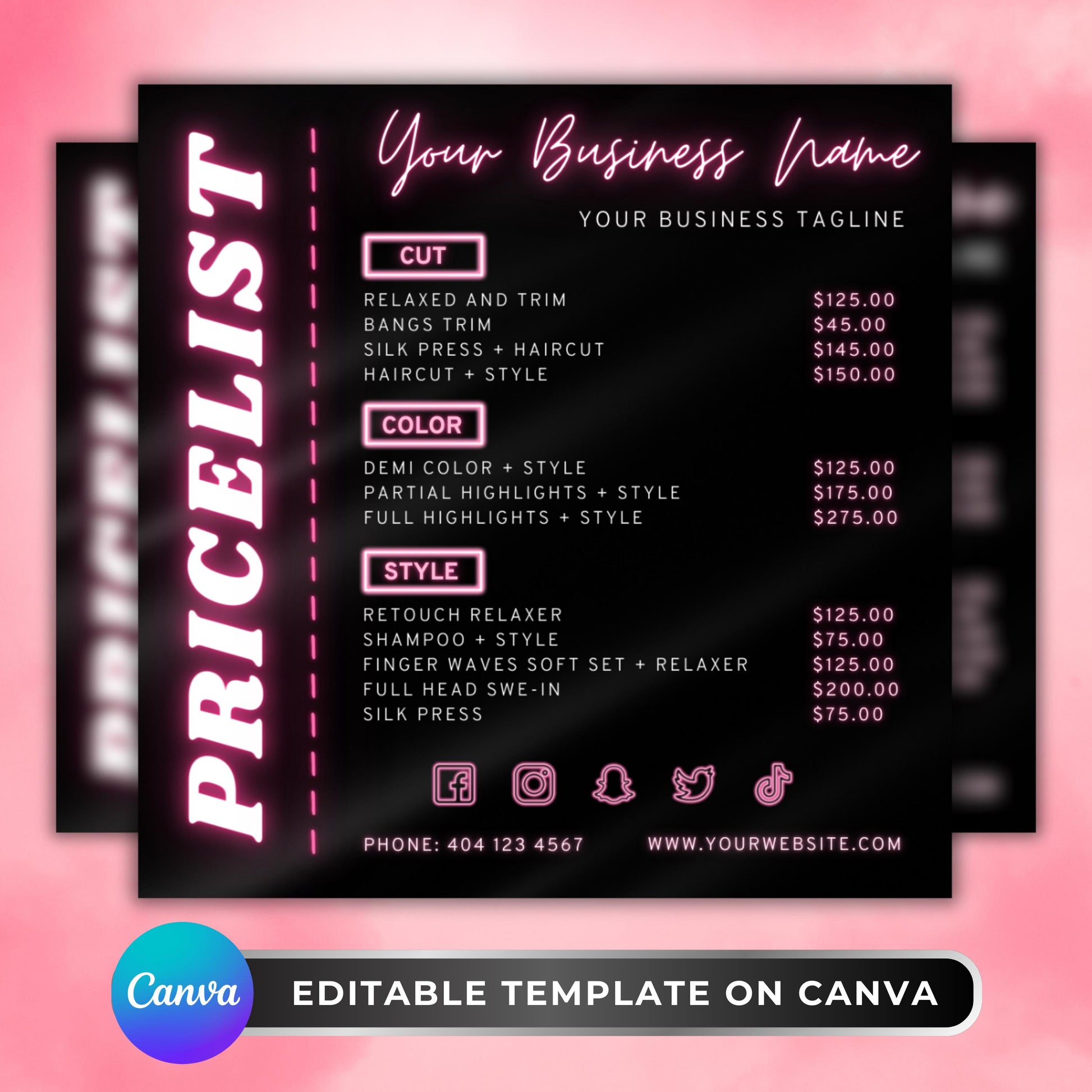 Editable neon pink hair salon pricelist flyer template for hairstylists.
Canva price list flyer with haircut, color, and style services menu.
Modern beauty salon flyer design with customizable pricing.
Printable and digital salon price sheet template in neon style.
