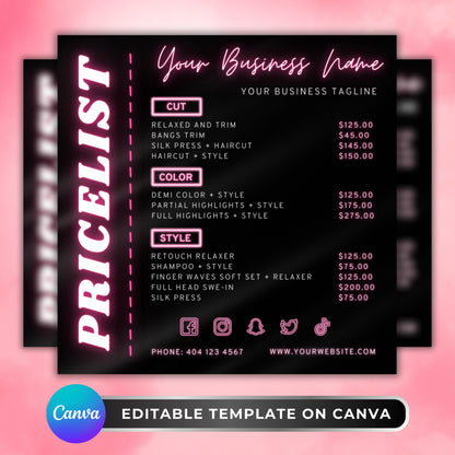 Editable neon pink hair salon pricelist flyer template for hairstylists.
Canva price list flyer with haircut, color, and style services menu.
Modern beauty salon flyer design with customizable pricing.
Printable and digital salon price sheet template in neon style.