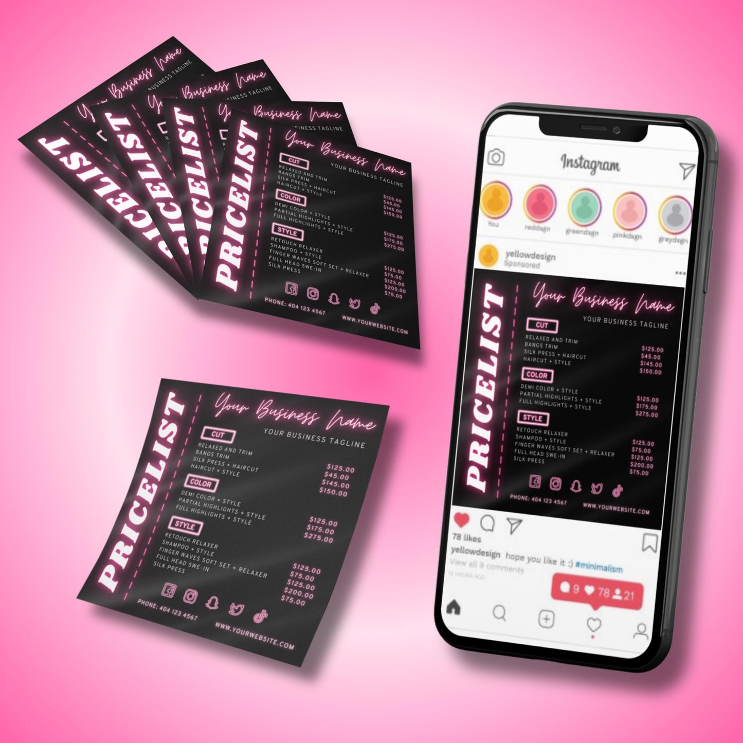 editable neon pink hair salon pricelist flyer template for hairstylists.
canva price list flyer with haircut, color, and style services menu.
modern beauty salon flyer design with customizable pricing.
printable and digital salon price sheet template in neon style.