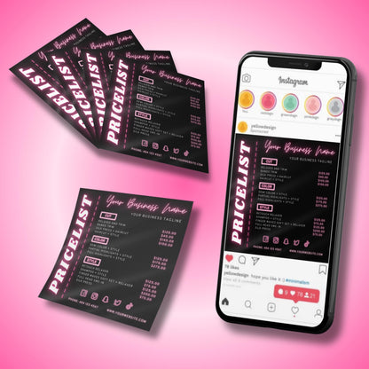 Editable neon pink hair salon pricelist flyer template for hairstylists.
Canva price list flyer with haircut, color, and style services menu.
Modern beauty salon flyer design with customizable pricing.
Printable and digital salon price sheet template in neon style.