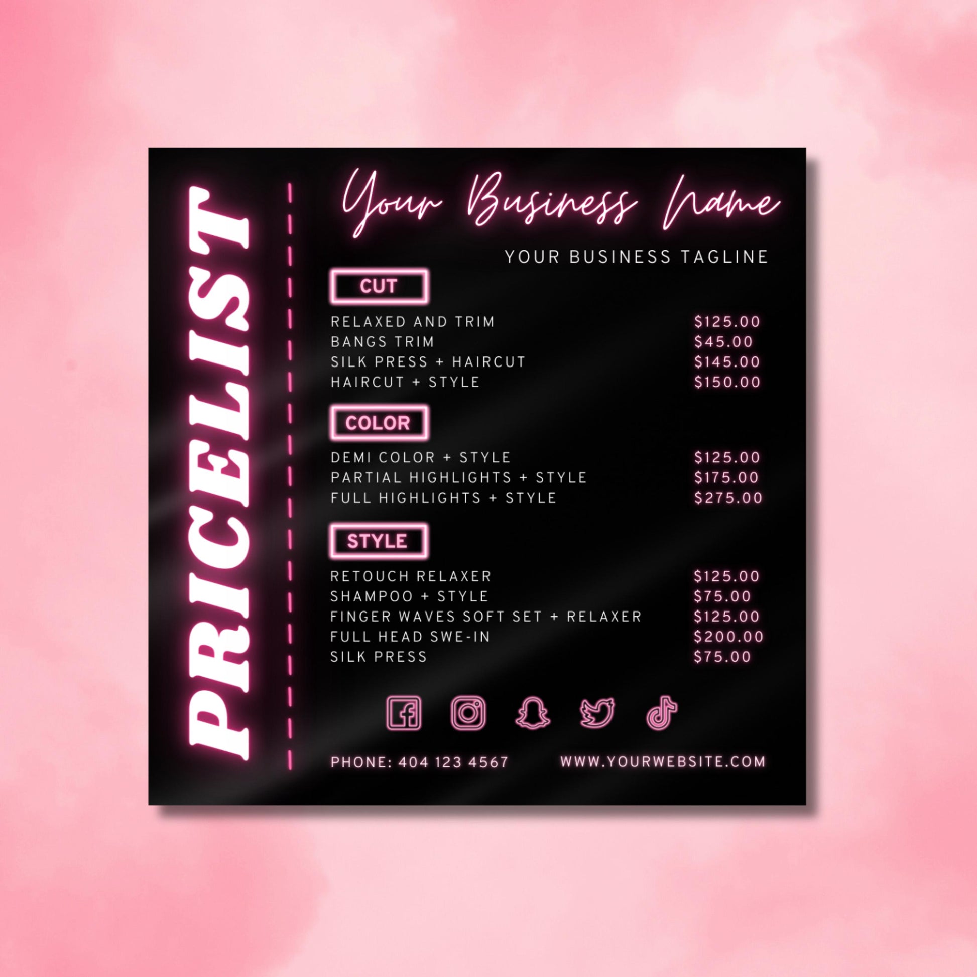Editable neon pink hair salon pricelist flyer template for hairstylists.
Canva price list flyer with haircut, color, and style services menu.
Modern beauty salon flyer design with customizable pricing.
Printable and digital salon price sheet template in neon style.
