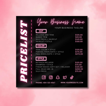 Editable neon pink hair salon pricelist flyer template for hairstylists.
Canva price list flyer with haircut, color, and style services menu.
Modern beauty salon flyer design with customizable pricing.
Printable and digital salon price sheet template in neon style.