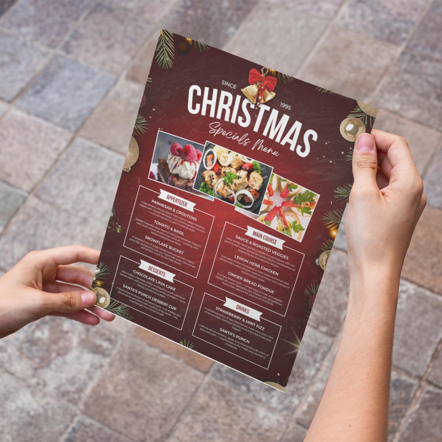 holiday menu flyer template for restaurants, printable canva design with christmas theme and gold accents.