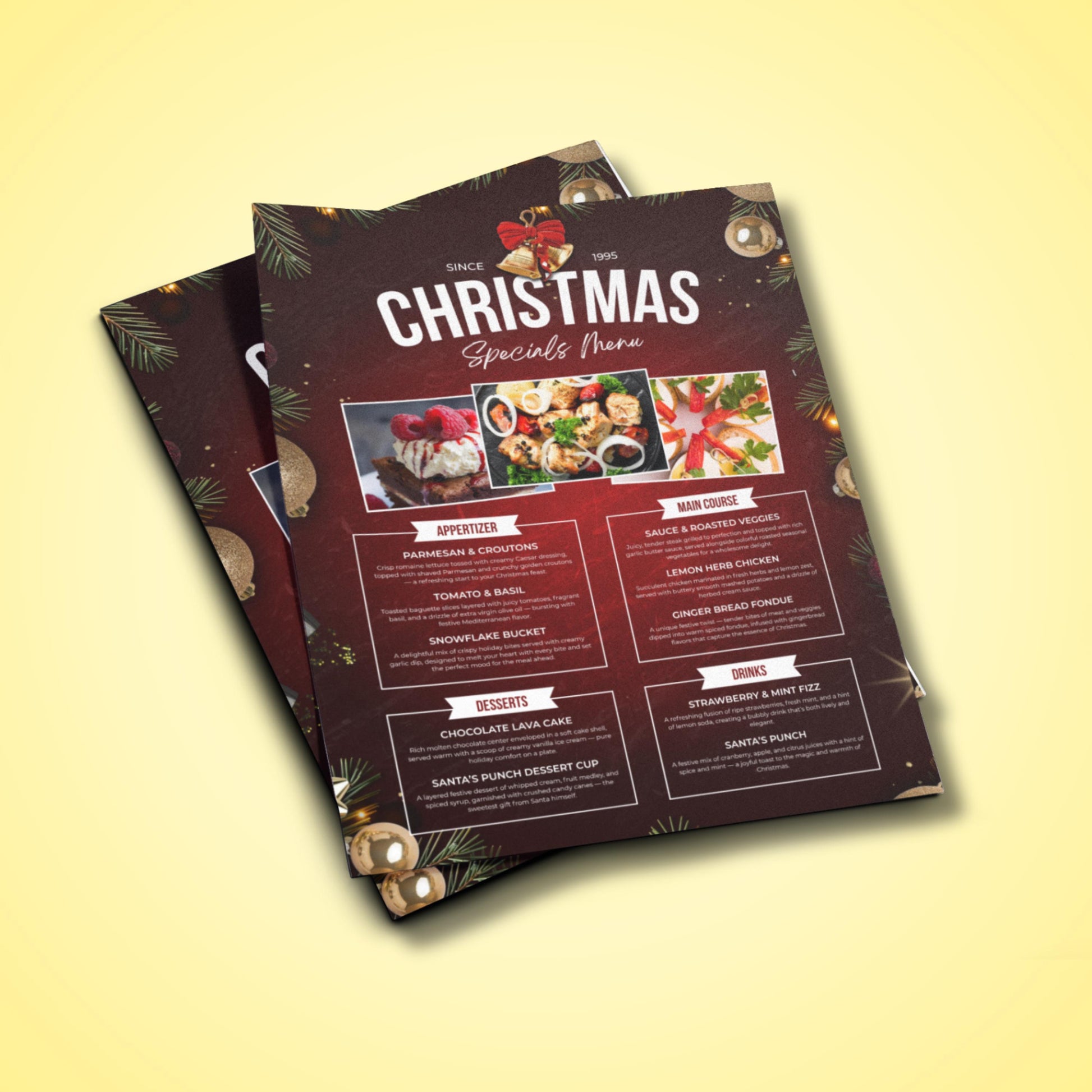 Christmas restaurant menu flyer with festive red background and elegant layout, editable in Canva.