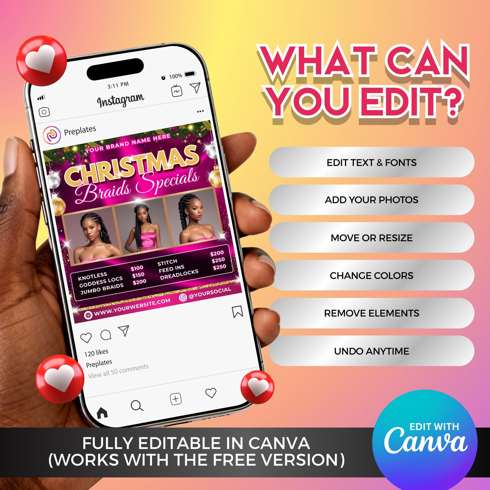 Editable Canva flyer for braiders promoting Christmas deals on knotless, feed-in, and stitch braids.