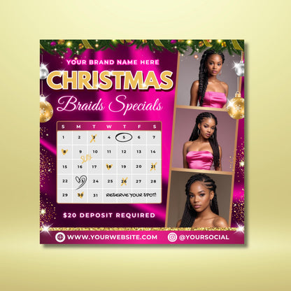 Holiday hair price list flyer showing braid styles and pricing, editable Canva flyer for salons.