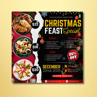 Christmas dinner and holiday menu card for restaurants or parties, red and gold design with snowflakes.
