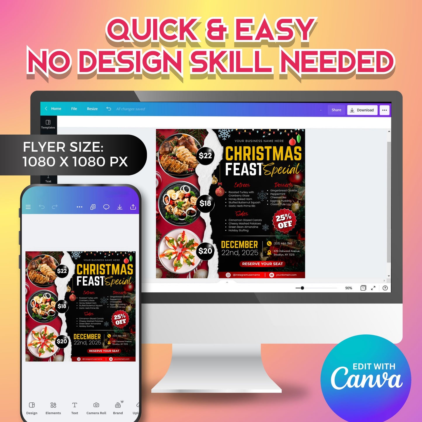 editable canva menu flyer for christmas feast specials, professional restaurant food menu design, instant download.