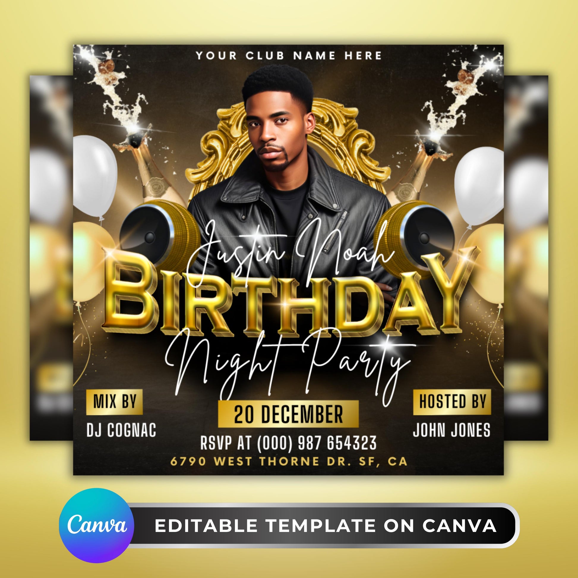 “Editable men’s birthday party flyer template in black and gold with champagne bottles, balloons, and DJ event design in Canva.”
“Nightlife club flyer template for birthday celebrations, customizable Canva design featuring bold gold 3D text and modern style.”
“DJ party flyer template in black and gold, editable Canva birthday invite design for club and nightlife event promotions.”
Customizable birthday bash flyer for men, stylish Canva template with champagne, balloons, and party celebration