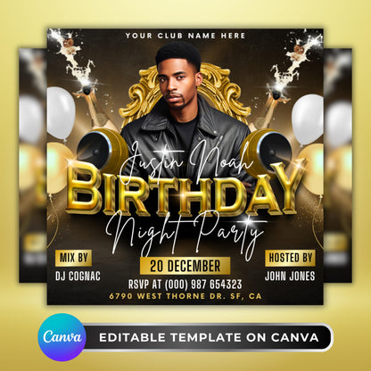 “Editable men’s birthday party flyer template in black and gold with champagne bottles, balloons, and DJ event design in Canva.”
“Nightlife club flyer template for birthday celebrations, customizable Canva design featuring bold gold 3D text and modern style.”
“DJ party flyer template in black and gold, editable Canva birthday invite design for club and nightlife event promotions.”
Customizable birthday bash flyer for men, stylish Canva template with champagne, balloons, and party celebration