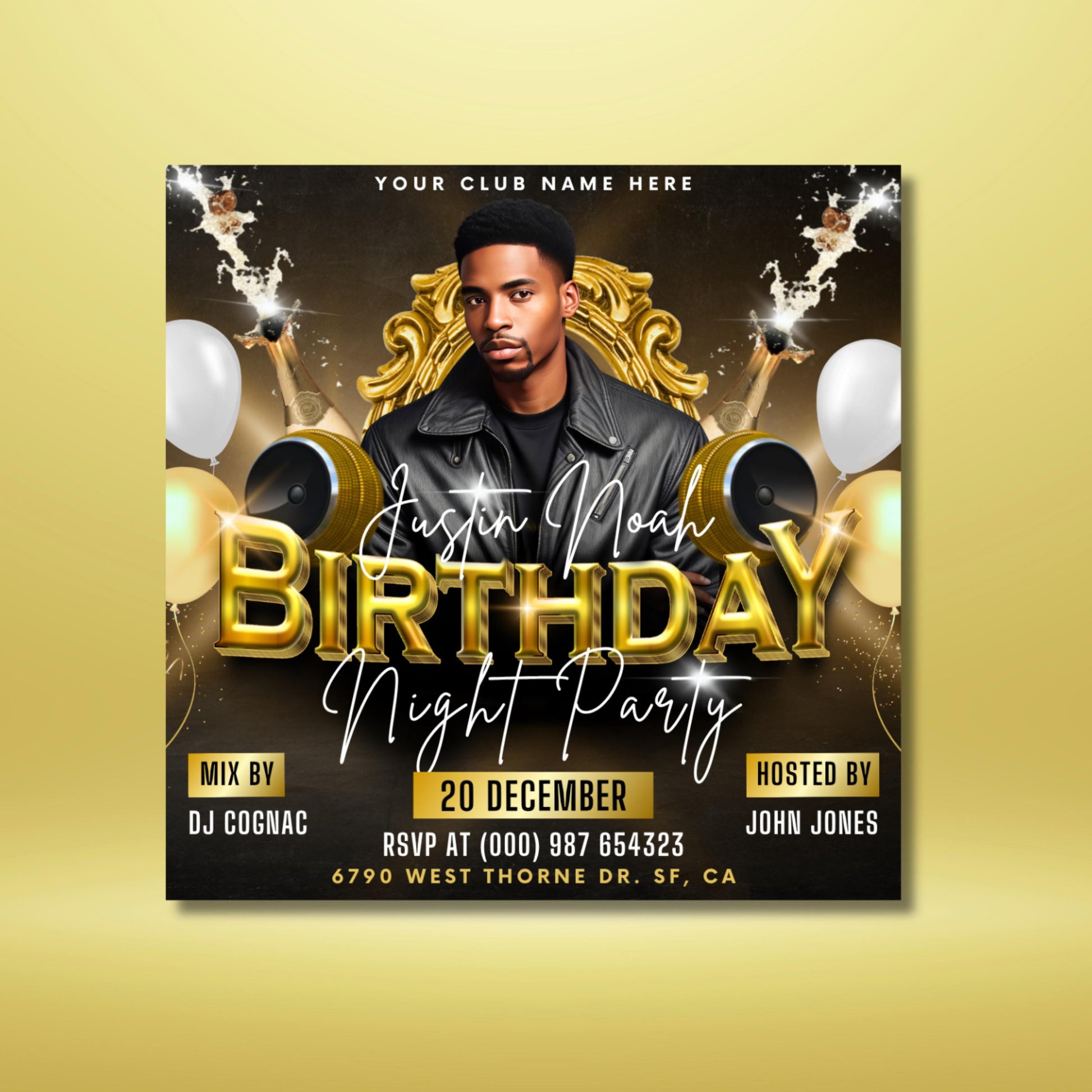 “Editable men’s birthday party flyer template in black and gold with champagne bottles, balloons, and DJ event design in Canva.”
“Nightlife club flyer template for birthday celebrations, customizable Canva design featuring bold gold 3D text and modern style.”
“DJ party flyer template in black and gold, editable Canva birthday invite design for club and nightlife event promotions.”
Customizable birthday bash flyer for men, stylish Canva template with champagne, balloons, and party celebration
