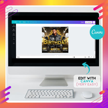 “Editable men’s birthday party flyer template in black and gold with champagne bottles, balloons, and DJ event design in Canva.”
“Nightlife club flyer template for birthday celebrations, customizable Canva design featuring bold gold 3D text and modern style.”
“DJ party flyer template in black and gold, editable Canva birthday invite design for club and nightlife event promotions.”
Customizable birthday bash flyer for men, stylish Canva template with champagne, balloons, and party celebration
