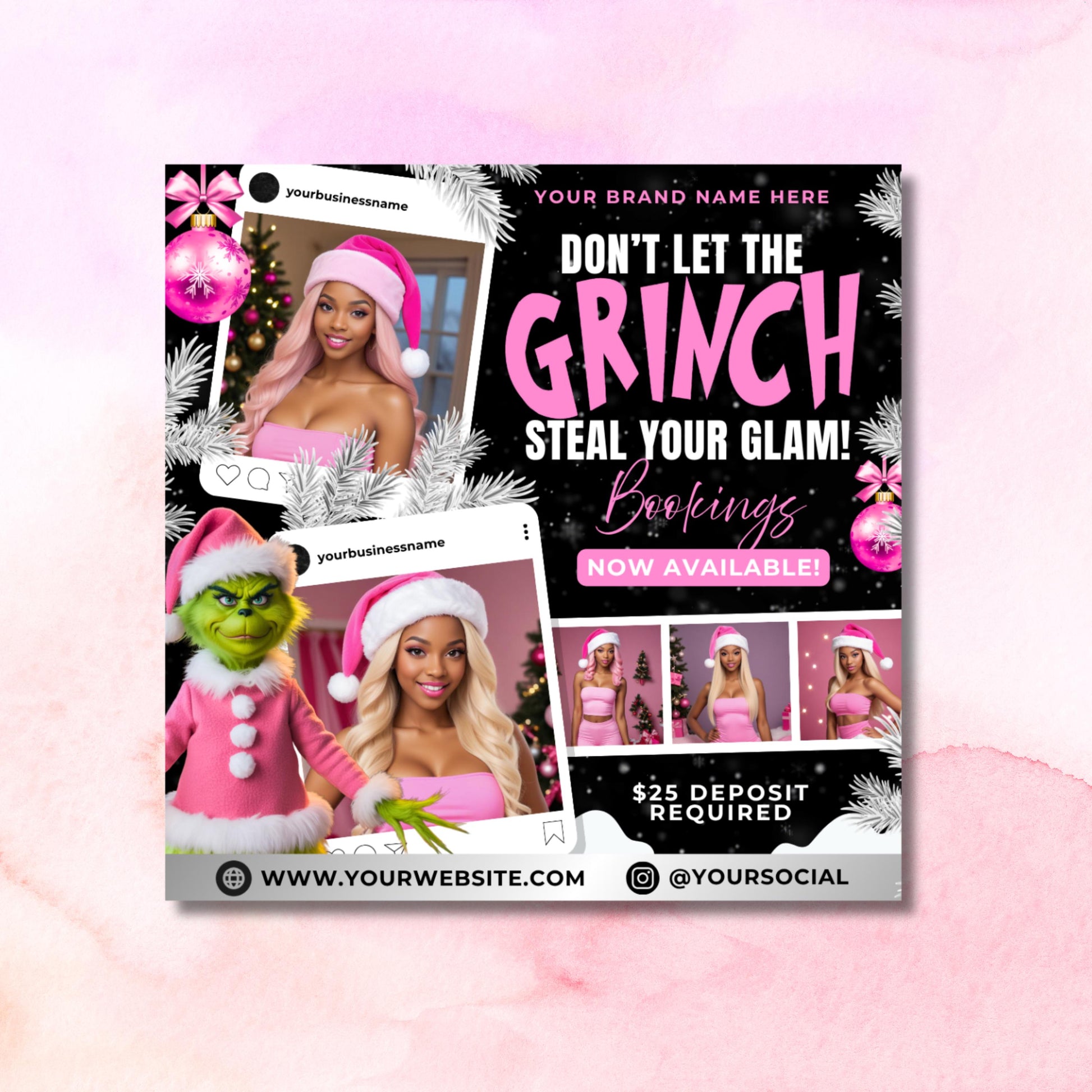 “Editable December booking flyer template for hair, lash, nail, and wig businesses in a Christmas Grinch theme, Canva design.”
“Holiday specials flyer template with pricing list for hair extensions and braids, pink and black Grinch Canva flyer.”
“Christmas flash sale flyer template for beauty businesses.”
“Grinch raffle flyer template for salons and lash techs, holiday Canva design for tickets and beauty giveaways.
“4-in-1 December flyer bundle, booking, specials, flash sale, and raffle designs.