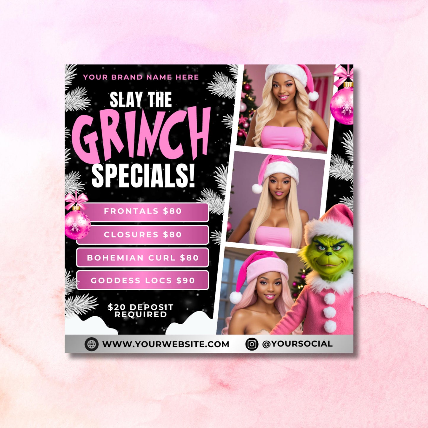 “editable december booking flyer template for hair, lash, nail, and wig businesses in a christmas grinch theme, canva design.”
“holiday specials flyer template with pricing list for hair extensions and braids, pink and black grinch canva flyer.”
“christmas flash sale flyer template for beauty businesses.”
“grinch raffle flyer template for salons and lash techs, holiday canva design for tickets and beauty giveaways.
“4-in-1 december flyer bundle, booking, specials, flash sale, and raffle designs.