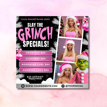 “Editable December booking flyer template for hair, lash, nail, and wig businesses in a Christmas Grinch theme, Canva design.”
“Holiday specials flyer template with pricing list for hair extensions and braids, pink and black Grinch Canva flyer.”
“Christmas flash sale flyer template for beauty businesses.”
“Grinch raffle flyer template for salons and lash techs, holiday Canva design for tickets and beauty giveaways.
“4-in-1 December flyer bundle, booking, specials, flash sale, and raffle designs.