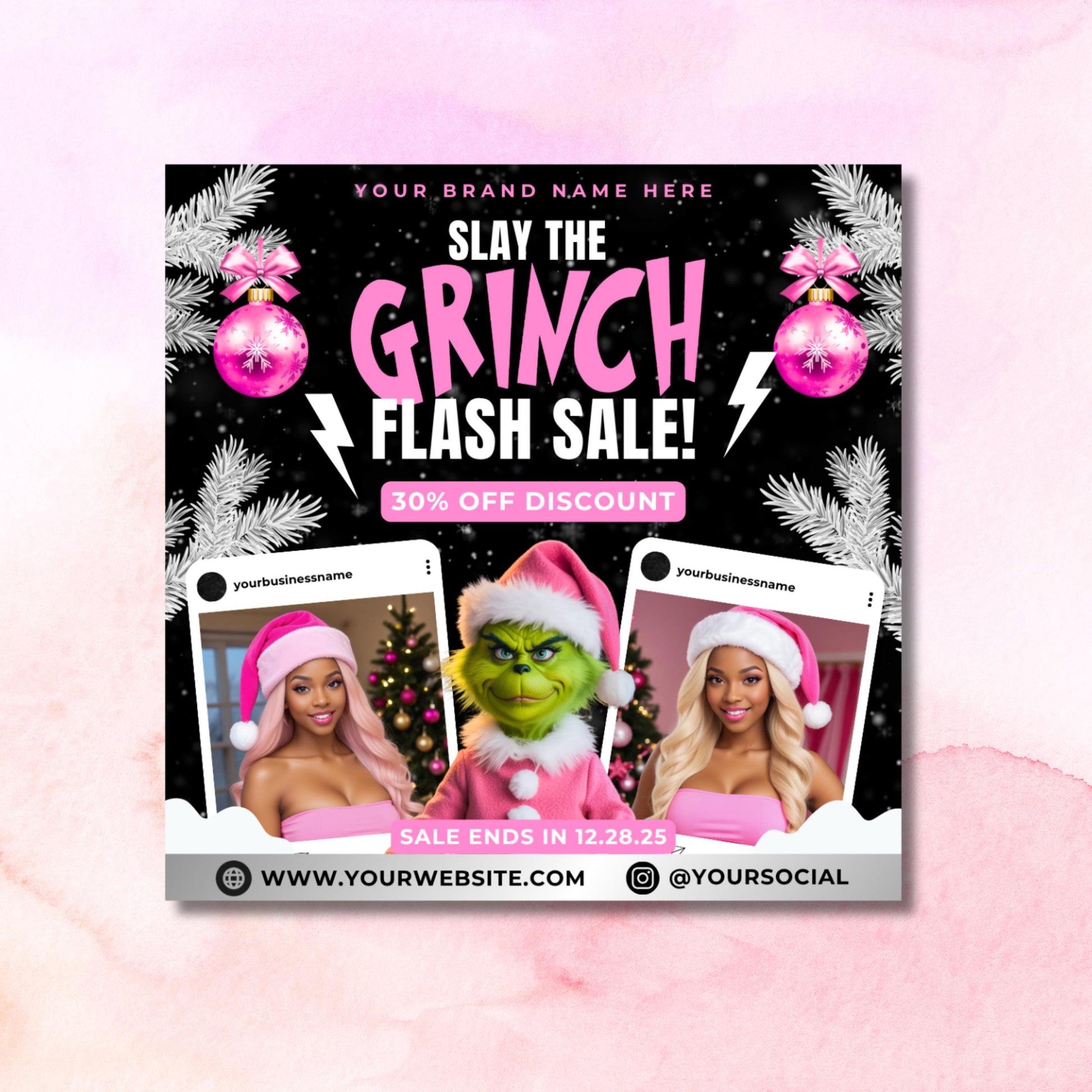 “Editable December booking flyer template for hair, lash, nail, and wig businesses in a Christmas Grinch theme, Canva design.”
“Holiday specials flyer template with pricing list for hair extensions and braids, pink and black Grinch Canva flyer.”
“Christmas flash sale flyer template for beauty businesses.”
“Grinch raffle flyer template for salons and lash techs, holiday Canva design for tickets and beauty giveaways.
“4-in-1 December flyer bundle, booking, specials, flash sale, and raffle designs.
