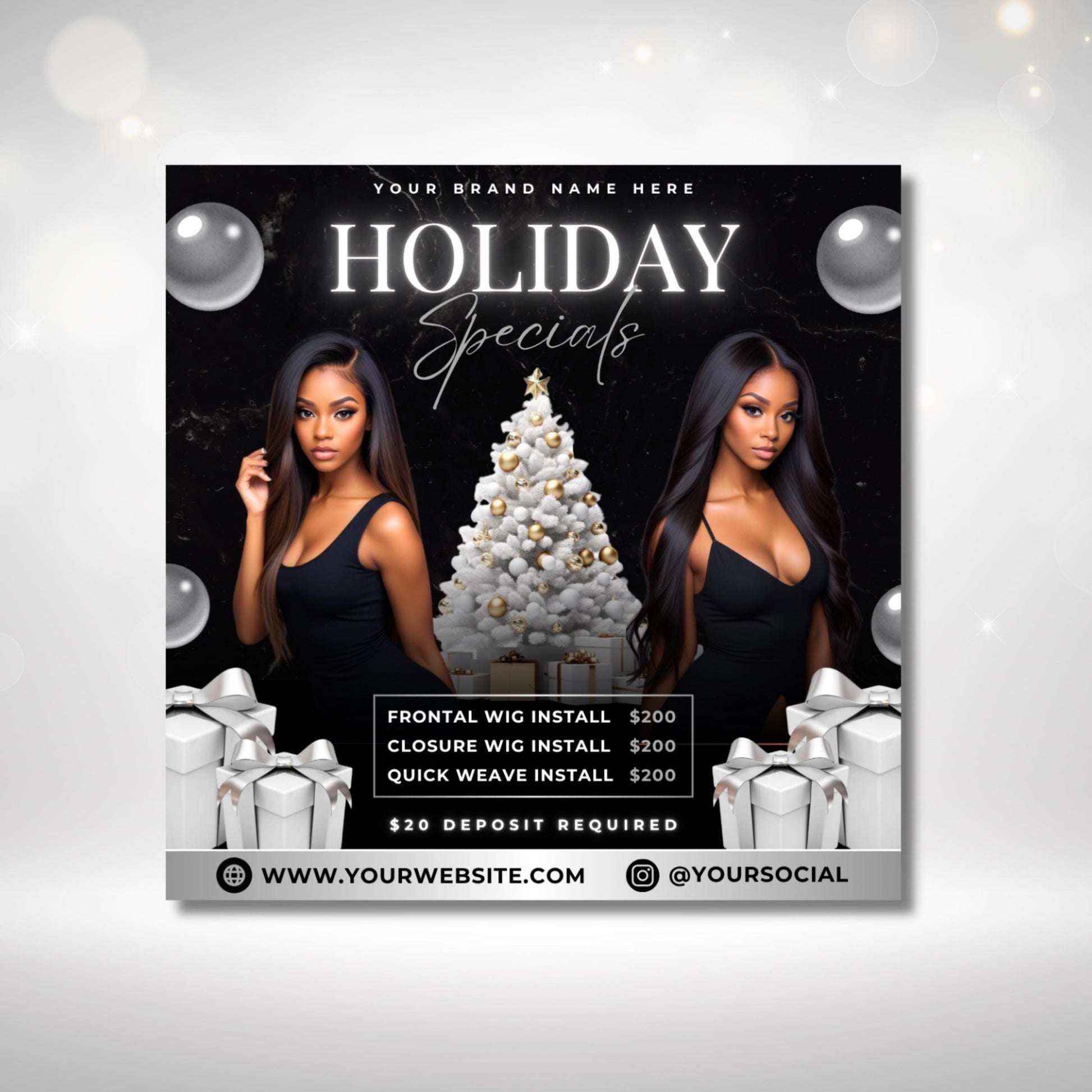 “Editable holiday wig install flyer template in Canva, black and gold design with Christmas tree, perfect for hairstylists and wig specialists promoting services.”
“Christmas wig install flyer for beauty salons and hairstylists, editable Canva template featuring festive holiday theme.”
“Holiday specials beauty flyer template for frontal wigs, closures, and quick weaves, customizable Canva design for hairstylists.”
“Black and gold holiday wig promo flyer with Christmas theme