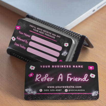Editable Refer A Friend card template in Canva, black and pink sparkly referral business card for beauty professionals.
Referral card template for lash techs, nail techs, MUAs, and hairstylists, customizable Canva design with diamond accents.
Canva referral business card template, stylish pink and black design for small businesses to promote client referrals.
Editable client referral card for beauty salons, lash and nail technicians, and hairstylists, Canva template for business marketing.