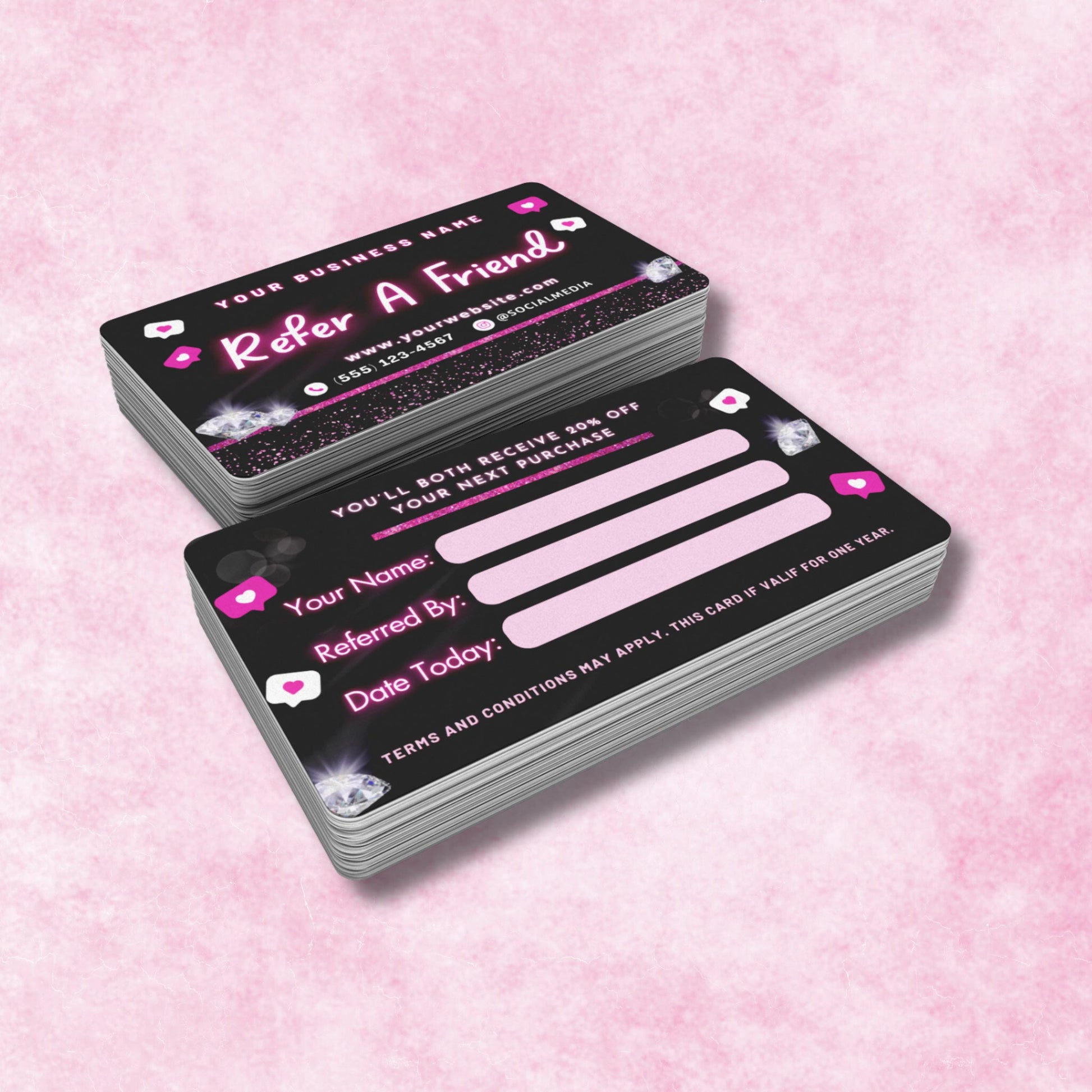 Editable Refer A Friend card template in Canva, black and pink sparkly referral business card for beauty professionals.
Referral card template for lash techs, nail techs, MUAs, and hairstylists, customizable Canva design with diamond accents.
Canva referral business card template, stylish pink and black design for small businesses to promote client referrals.
Editable client referral card for beauty salons, lash and nail technicians, and hairstylists, Canva template for business marketing.