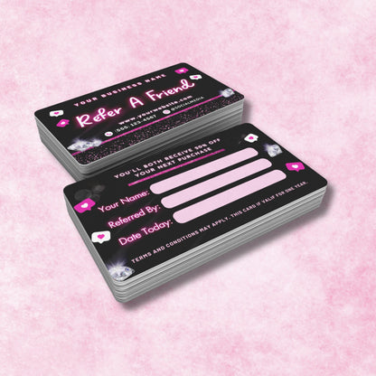 Editable Refer A Friend card template in Canva, black and pink sparkly referral business card for beauty professionals.
Referral card template for lash techs, nail techs, MUAs, and hairstylists, customizable Canva design with diamond accents.
Canva referral business card template, stylish pink and black design for small businesses to promote client referrals.
Editable client referral card for beauty salons, lash and nail technicians, and hairstylists, Canva template for business marketing.