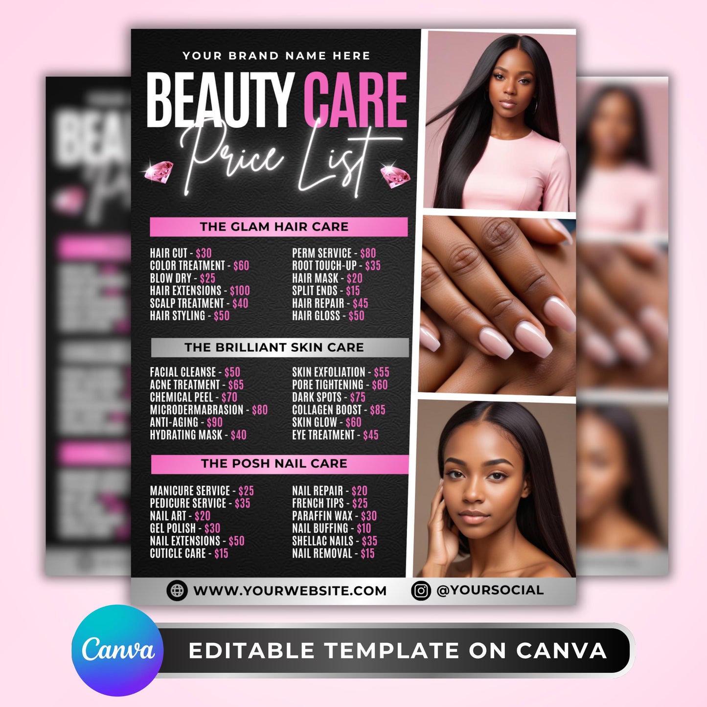 editable beauty salon price list flyer for hair, nail, and skin care services, modern pink canva template for spa owners.