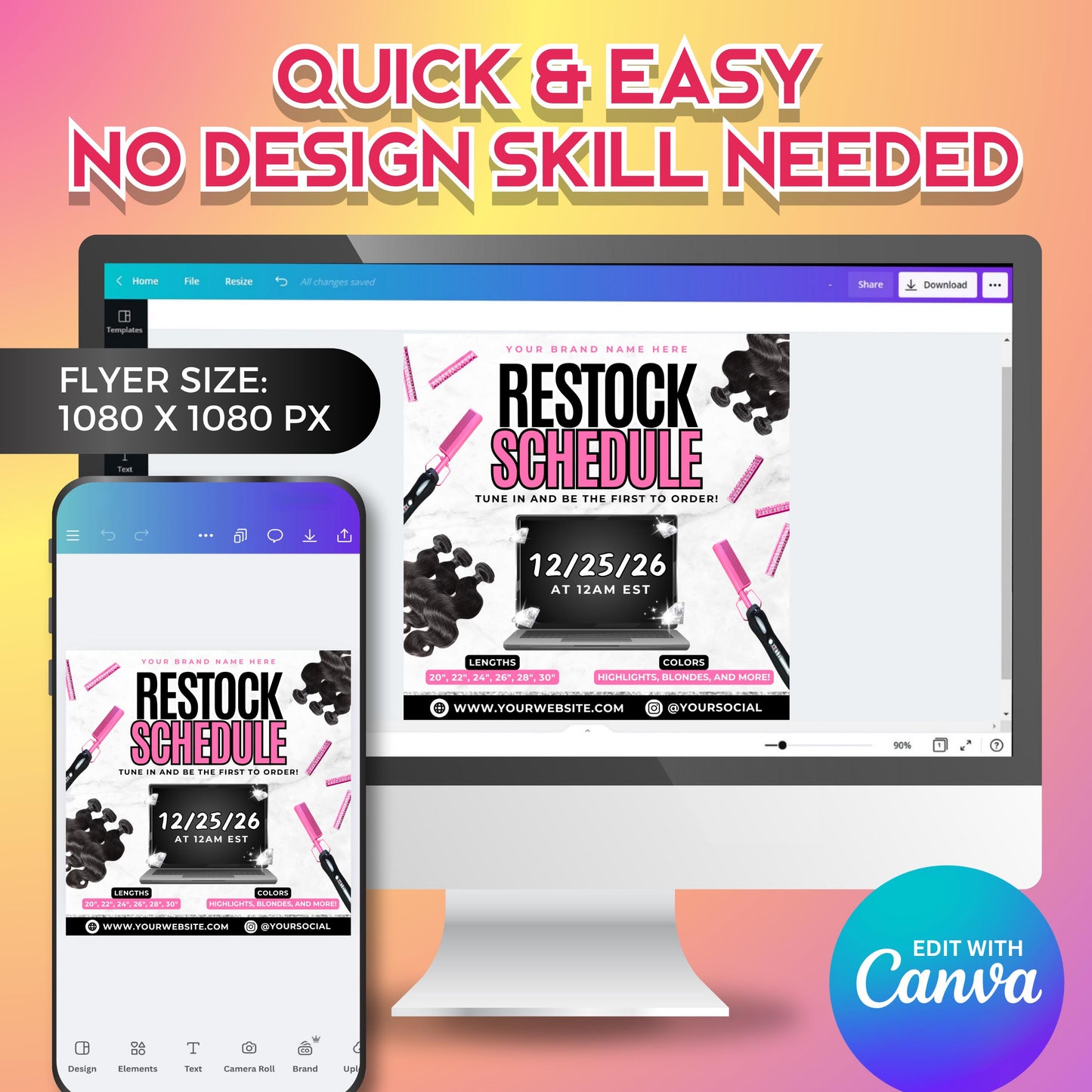 wig restock flyer design template — modern pink and black social media post layout for beauty brand promotions and vendor restocks.