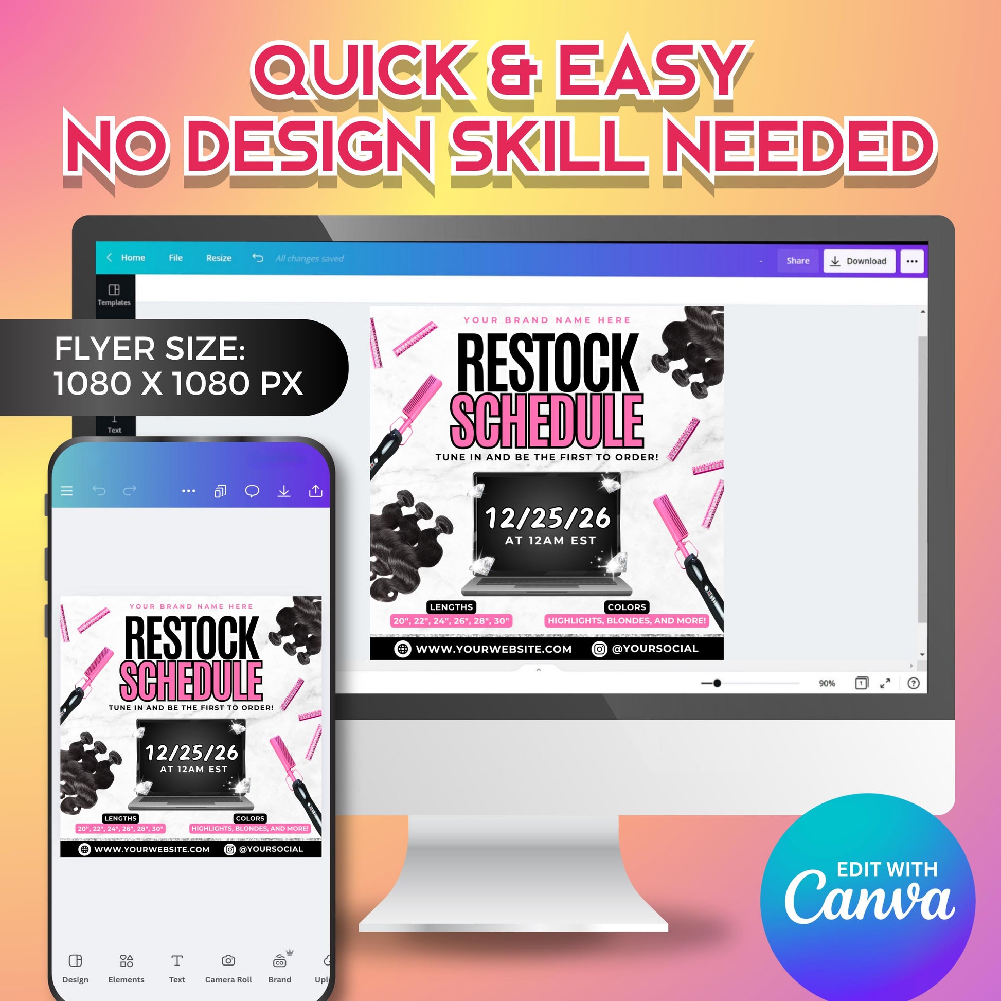 Wig restock flyer design template — modern pink and black social media post layout for beauty brand promotions and vendor restocks.