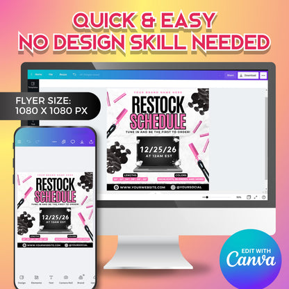 Wig restock flyer design template — modern pink and black social media post layout for beauty brand promotions and vendor restocks.