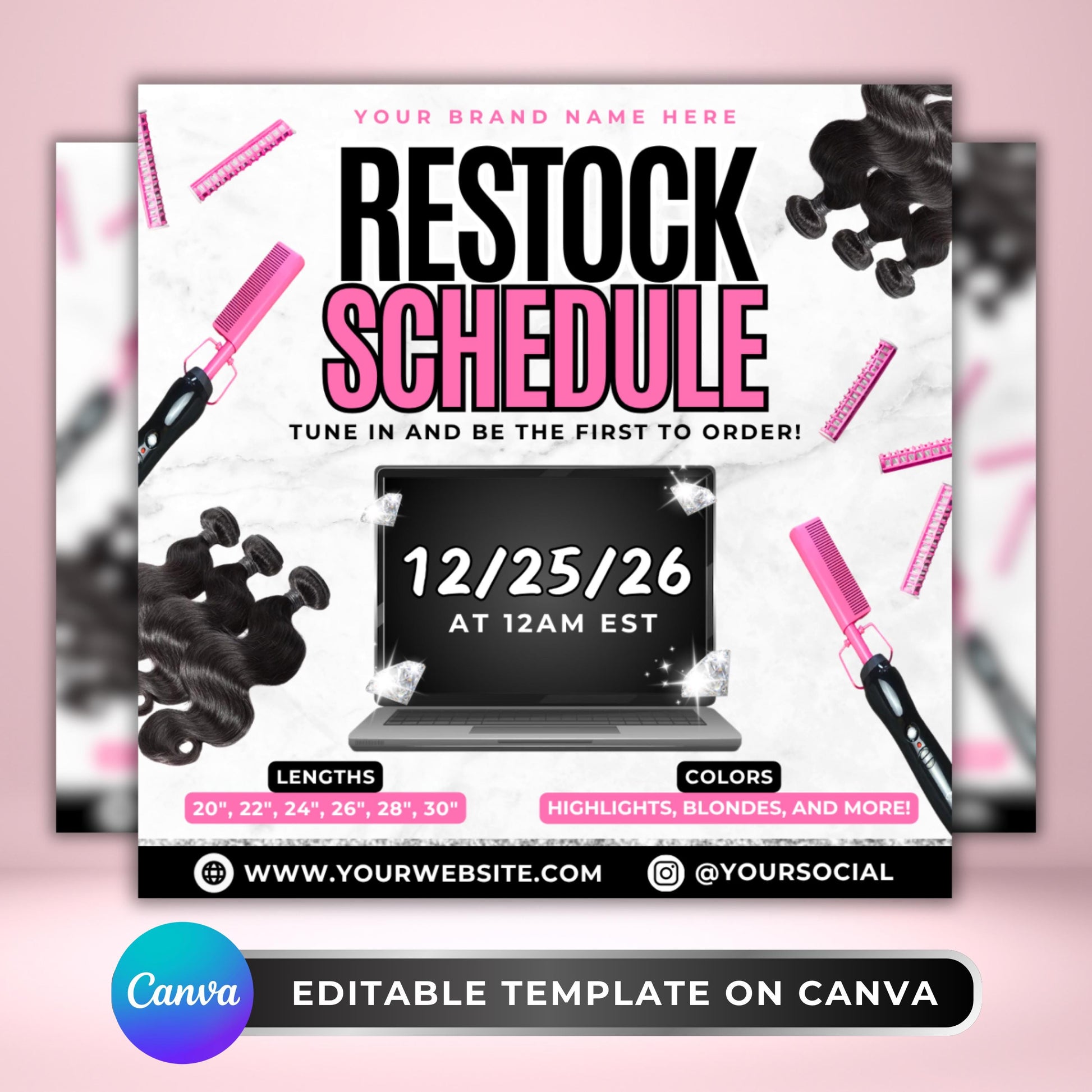 Restock flyer Canva template for hair vendors and wig sellers — editable design to announce new arrivals, back in stock updates, or restock alerts on social media for beauty businesses.