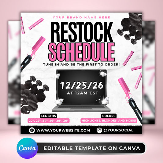 Restock flyer Canva template for hair vendors and wig sellers — editable design to announce new arrivals, back in stock updates, or restock alerts on social media for beauty businesses.
