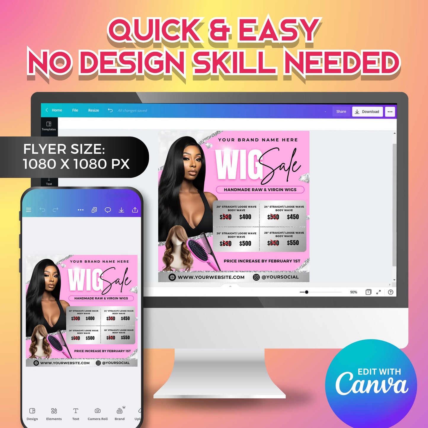 wig business canva flyer template designed for hair entrepreneurs — showcase wig bundle deals, price discounts, and hair sale specials to boost visibility and increase customer engagement.