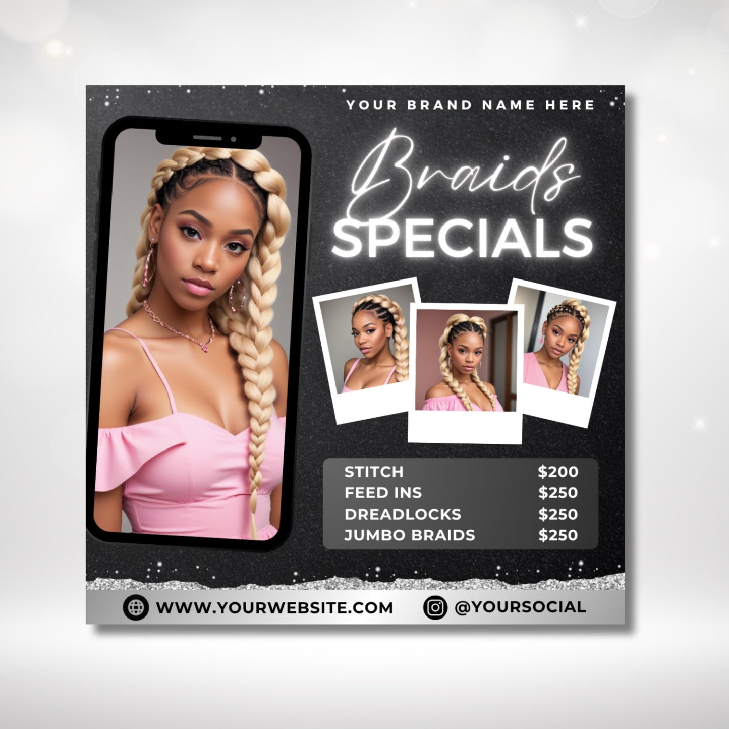 hair braiding flyer canva template — editable beauty business promo for showcasing braid service pricing and salon specials in a polished, easy-to-edit layout for instagram or print use.