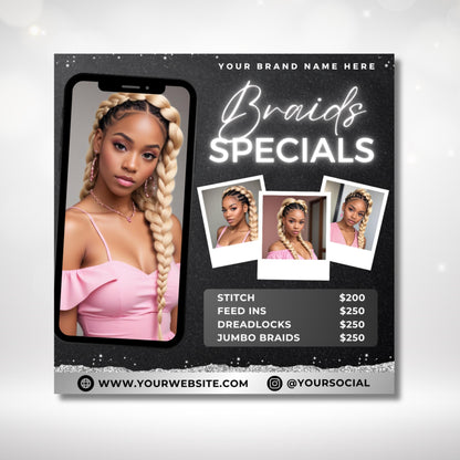 Hair braiding flyer Canva template — editable beauty business promo for showcasing braid service pricing and salon specials in a polished, easy-to-edit layout for Instagram or print use.