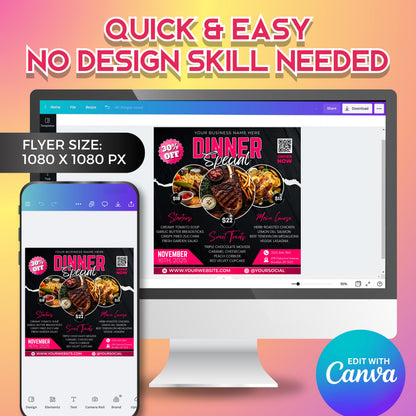 Dinner special flyer Canva template — easy-to-edit restaurant promo design for showcasing your best dishes, prices, and offers to attract more customers.