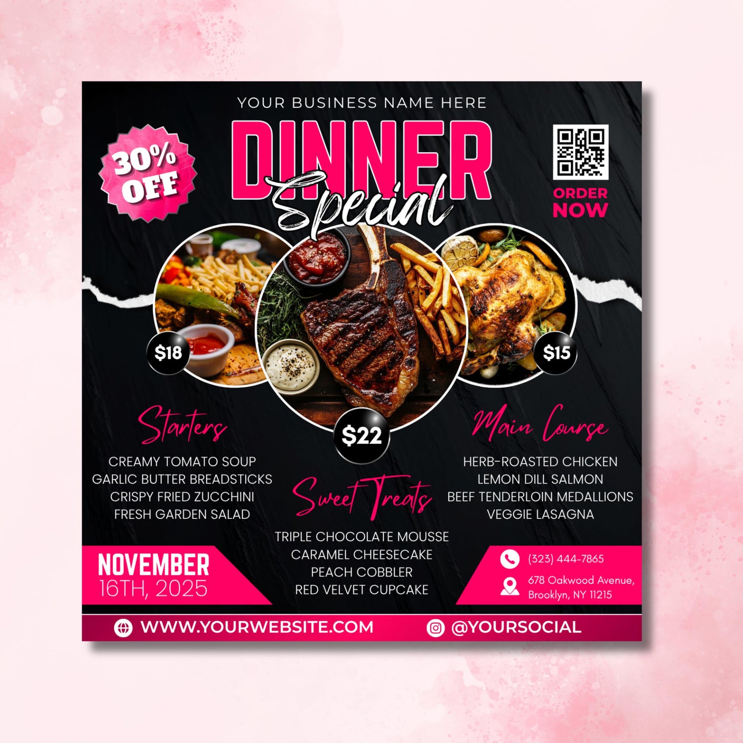 restaurant flyer template made in canva — showcase menu prices, food photography, and dinner deals in a professional and stylish design ideal for dine-in or takeout promotions.