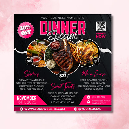 Restaurant flyer template made in Canva — showcase menu prices, food photography, and dinner deals in a professional and stylish design ideal for dine-in or takeout promotions.