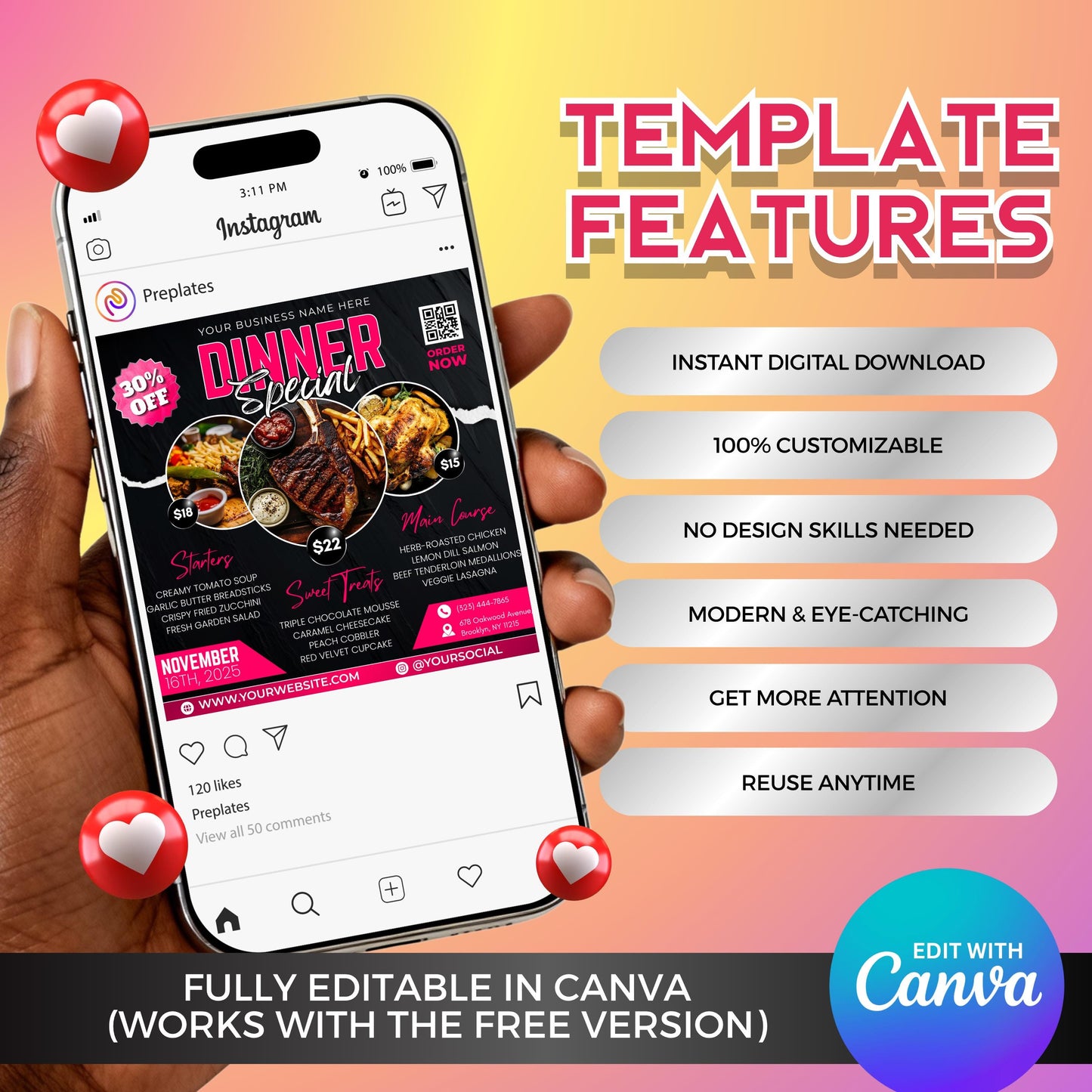 editable dinner special flyer canva template for restaurants, cafés, and food businesses — modern black and pink design with mouthwatering food photos, perfect for advertising dinner promotions and menu specials.