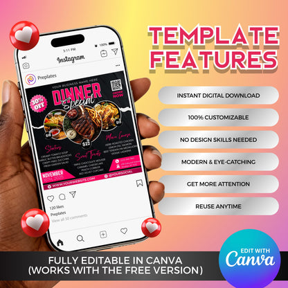 Editable Dinner Special Flyer Canva template for restaurants, cafés, and food businesses — modern black and pink design with mouthwatering food photos, perfect for advertising dinner promotions and menu specials.