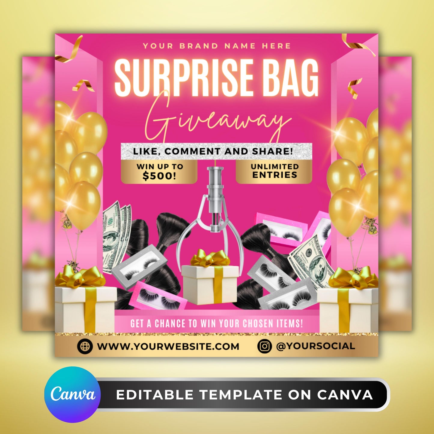 pink glam beauty giveaway flyer template for hair lash mua businesses

editable canva giveaway flyer with gold balloons and money graphics

surprise bag giveaway social media post template for beauty brands

beauty business marketing flyer for lash and hair stylists

editable pink and gold canva flyer for salon giveaway promotions