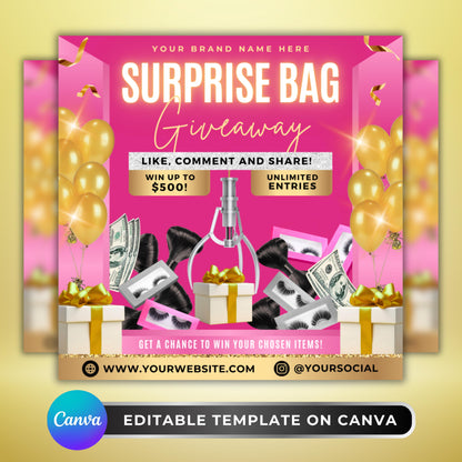 Pink glam beauty giveaway flyer template for hair lash MUA businesses

Editable Canva giveaway flyer with gold balloons and money graphics

Surprise bag giveaway social media post template for beauty brands

Beauty business marketing flyer for lash and hair stylists

Editable pink and gold Canva flyer for salon giveaway promotions